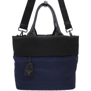 Prada Tessuto Double nylon leather 2way tote bag black navy blue